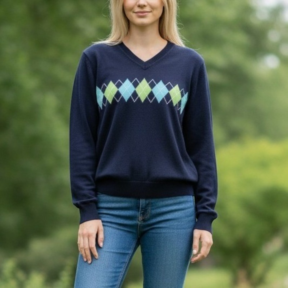 John Ashford Sweater M Womens Navy Blue Excellent Argyle V-Neck Cotton Knit